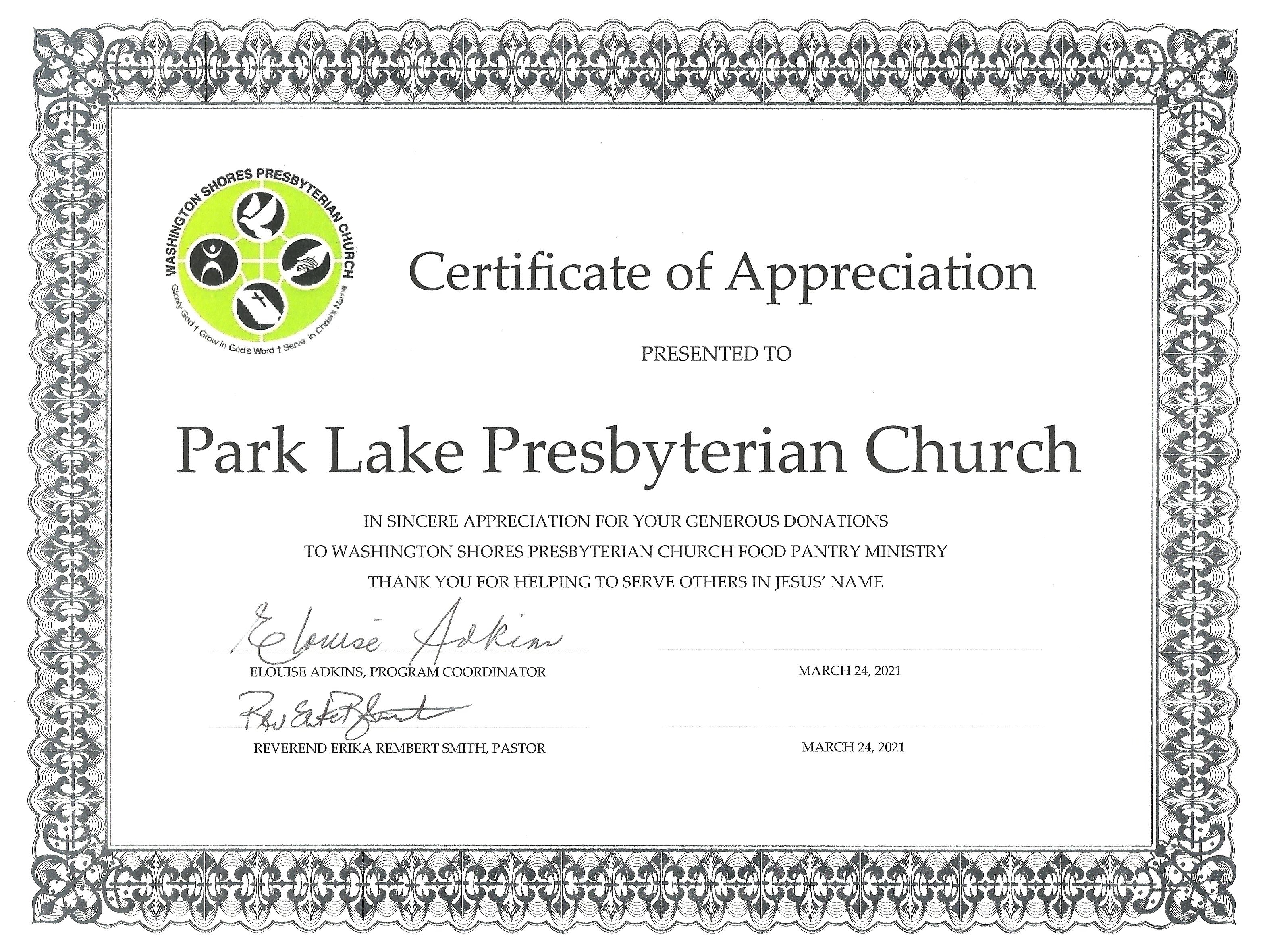certificate of appreciation wording for church